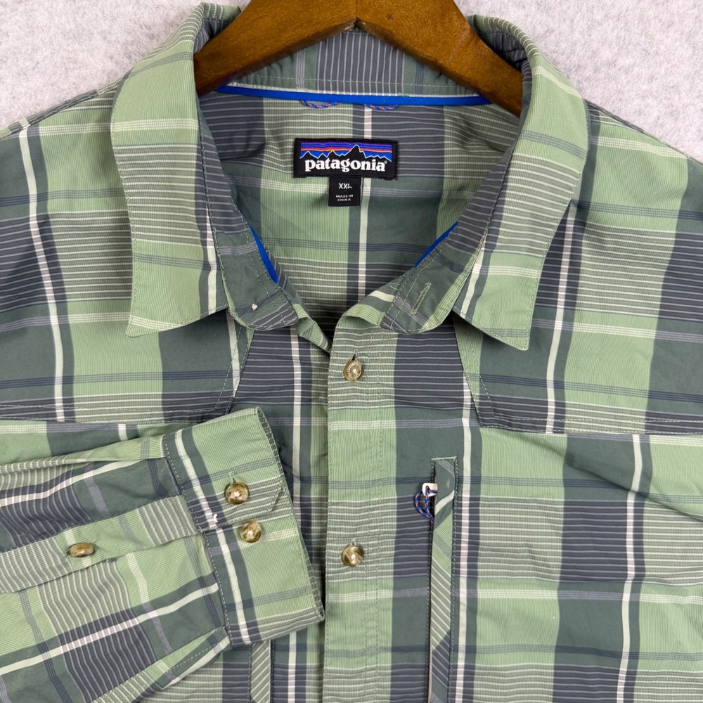 Patagonia Button Up Shirt Mens XXL Green Plaid Long Sleeve Fishing Hiking